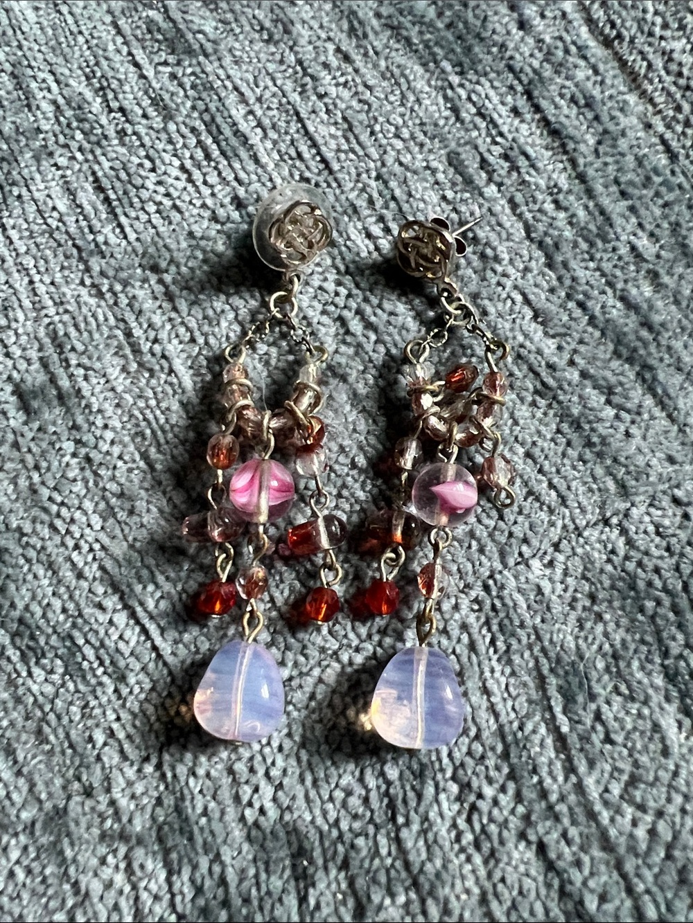 Pink and Red Beaded Dangle Earrings with Glass Teardrops